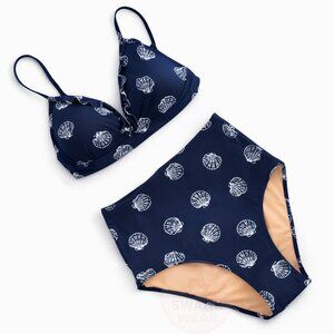 NWT J. Crew Ruffle Bikini Top & Bottom Set - Nautical Navy Shell Swimsuit | XS